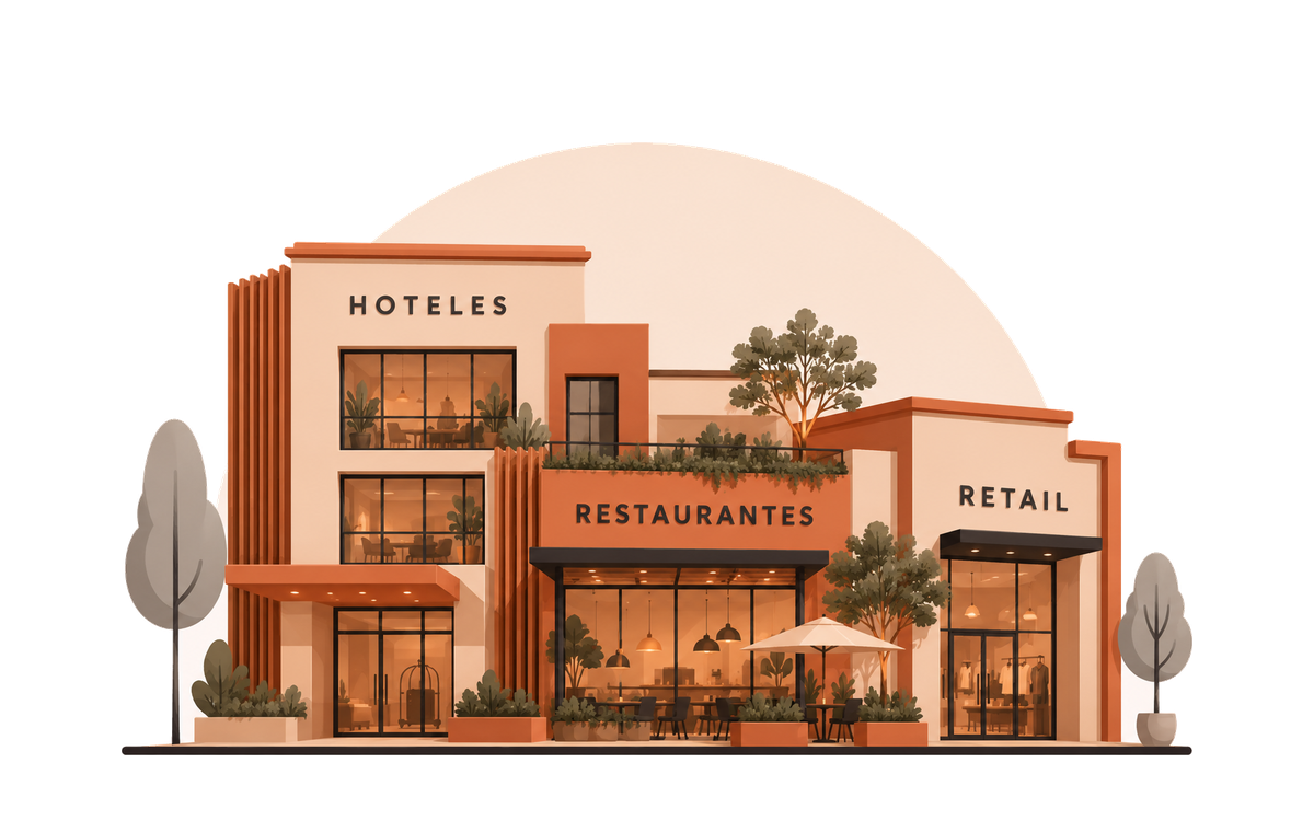Ilustración de hoteles, restaurantes y retail
