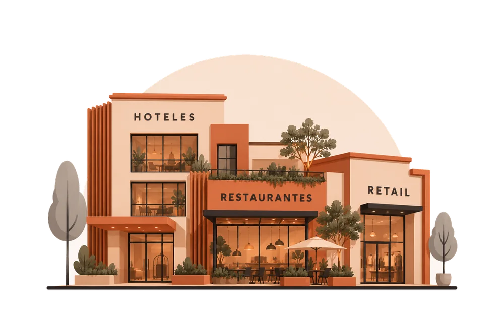 Ilustración de hoteles, restaurantes y retail