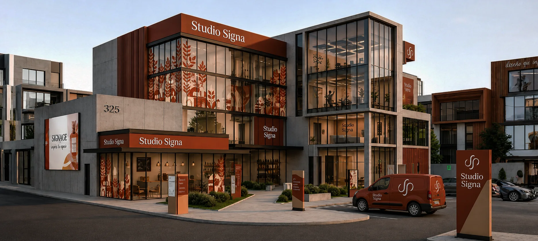 Fachada Studio Signa con ejemplos de señalización arquitectónica